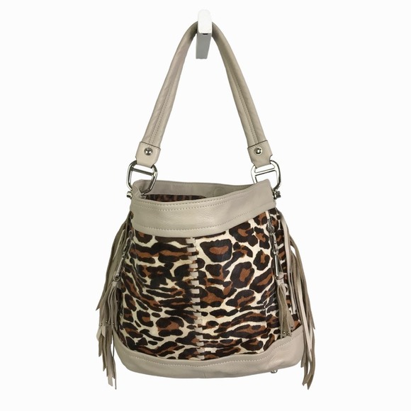 B Makowsky Women's Handbag Purse Tote Bag Boho Cream Brown Tan Leather Fringe M - Picture 3 of 8